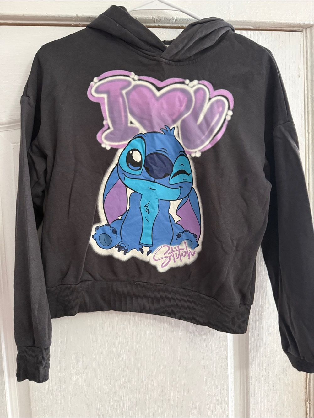 H&M Black Cropped Hoodie with Blue Stitch Graphic and Purple Accents